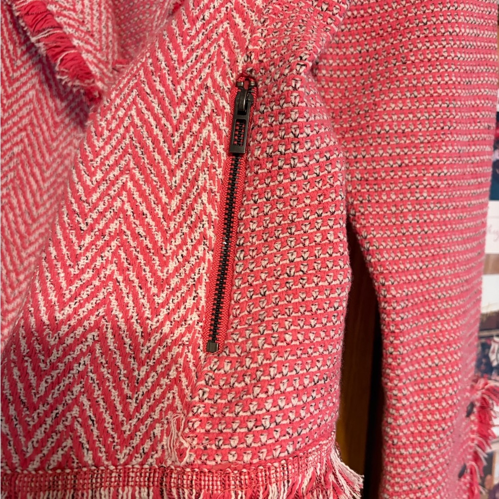 NWOT $198 NIC+ZOE Pink Tweed Fringe Knit Open Front Jacket. Size Small Petite - Picture 7 of 11